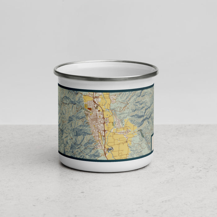 Front View Custom Ukiah California Map Enamel Mug in Woodblock