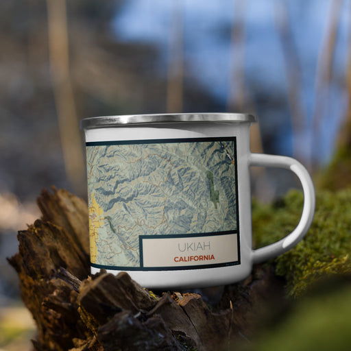 Right View Custom Ukiah California Map Enamel Mug in Woodblock on Grass With Trees in Background