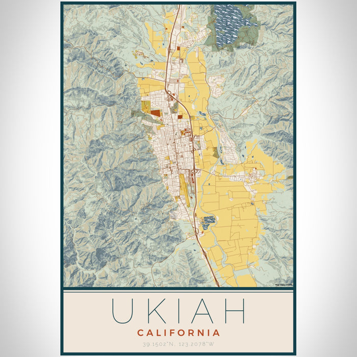 Ukiah California Map Print Portrait Orientation in Woodblock Style With Shaded Background