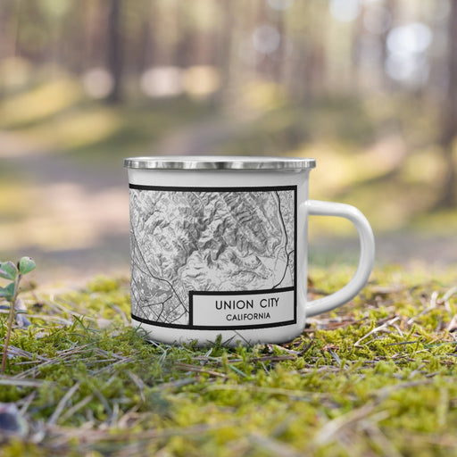 Right View Custom Union City California Map Enamel Mug in Classic on Grass With Trees in Background