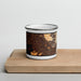 Front View Custom Union City California Map Enamel Mug in Ember on Cutting Board