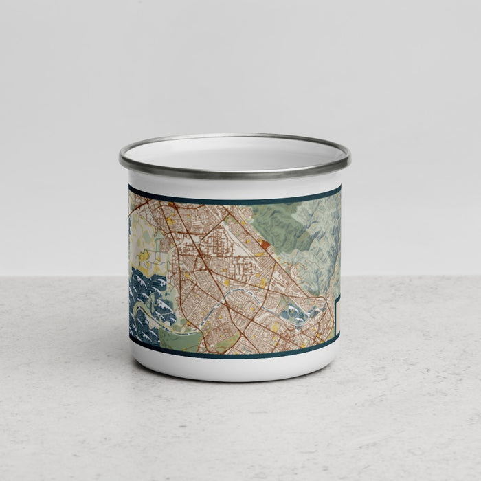 Front View Custom Union City California Map Enamel Mug in Woodblock