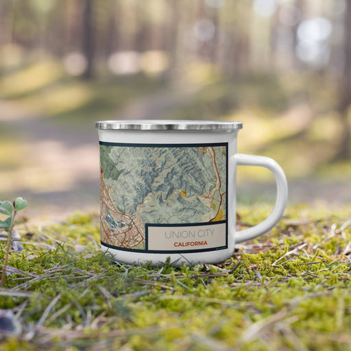 Right View Custom Union City California Map Enamel Mug in Woodblock on Grass With Trees in Background