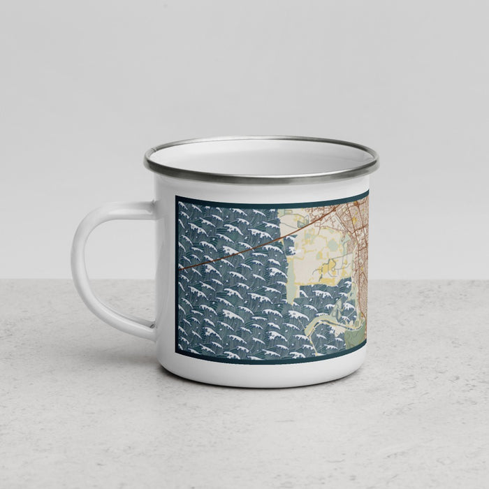 Left View Custom Union City California Map Enamel Mug in Woodblock