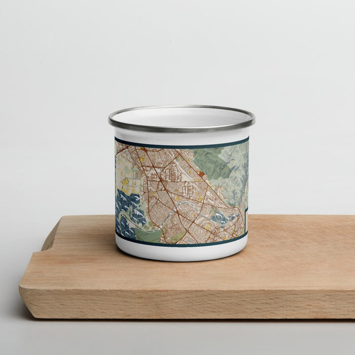Front View Custom Union City California Map Enamel Mug in Woodblock on Cutting Board