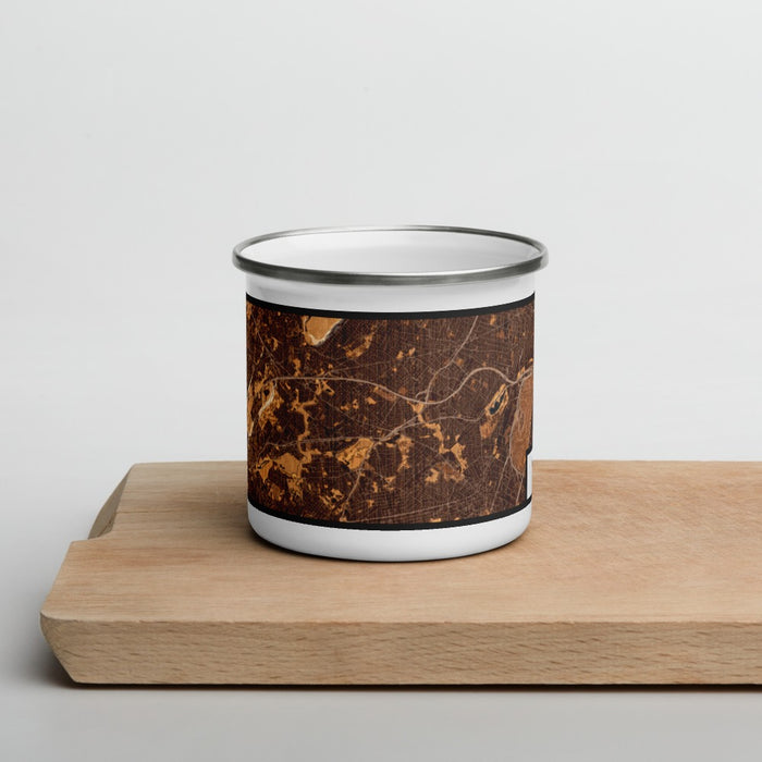 Front View Custom Union City New Jersey Map Enamel Mug in Ember on Cutting Board