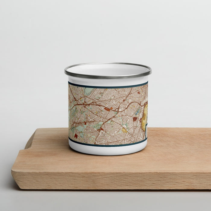 Front View Custom Union City New Jersey Map Enamel Mug in Woodblock on Cutting Board