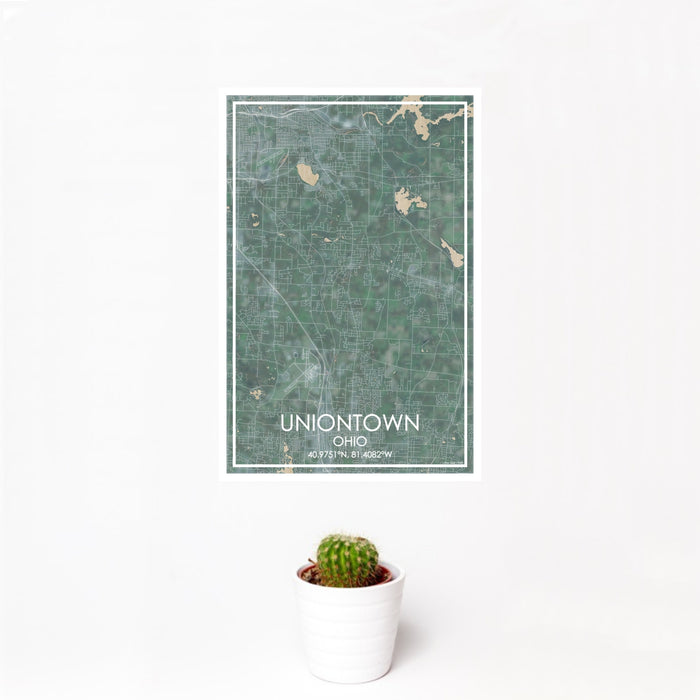 12x18 Uniontown Ohio Map Print Portrait Orientation in Afternoon Style With Small Cactus Plant in White Planter