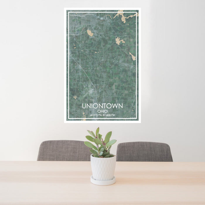 24x36 Uniontown Ohio Map Print Portrait Orientation in Afternoon Style Behind 2 Chairs Table and Potted Plant
