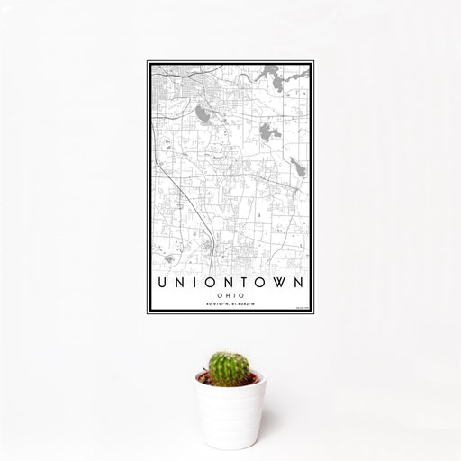 12x18 Uniontown Ohio Map Print Portrait Orientation in Classic Style With Small Cactus Plant in White Planter