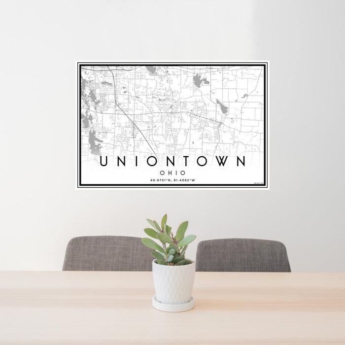 24x36 Uniontown Ohio Map Print Landscape Orientation in Classic Style Behind 2 Chairs Table and Potted Plant