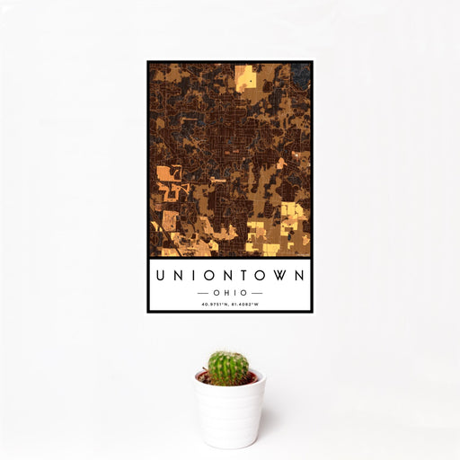 12x18 Uniontown Ohio Map Print Portrait Orientation in Ember Style With Small Cactus Plant in White Planter