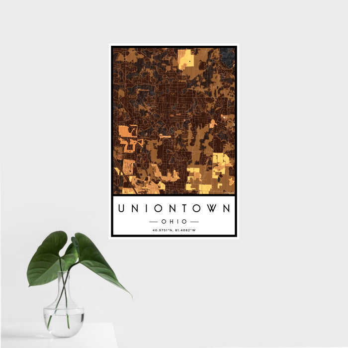 16x24 Uniontown Ohio Map Print Portrait Orientation in Ember Style With Tropical Plant Leaves in Water