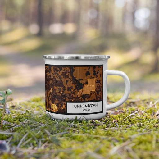 Right View Custom Uniontown Ohio Map Enamel Mug in Ember on Grass With Trees in Background
