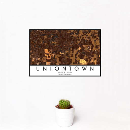 12x18 Uniontown Ohio Map Print Landscape Orientation in Ember Style With Small Cactus Plant in White Planter