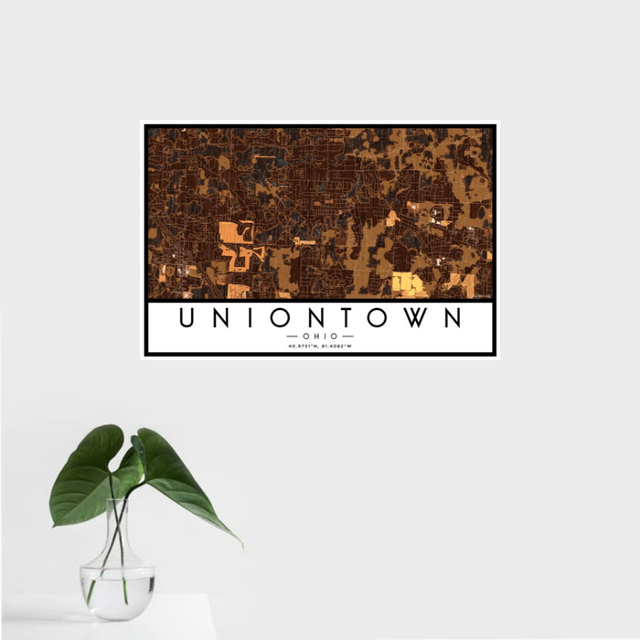 16x24 Uniontown Ohio Map Print Landscape Orientation in Ember Style With Tropical Plant Leaves in Water