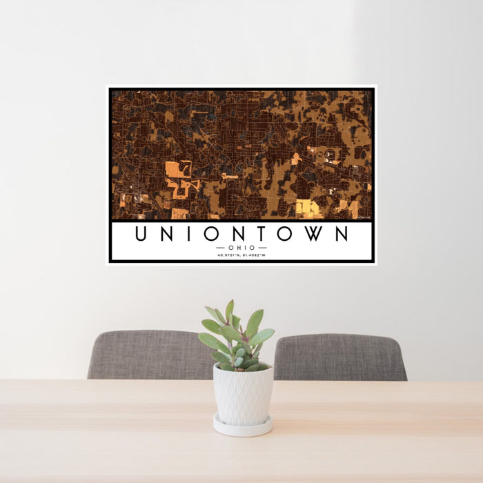 24x36 Uniontown Ohio Map Print Landscape Orientation in Ember Style Behind 2 Chairs Table and Potted Plant