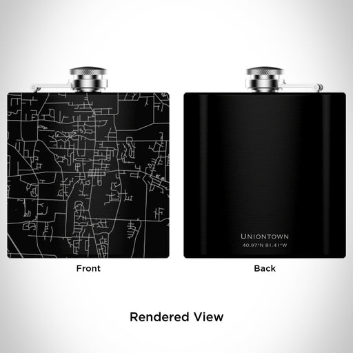 Rendered View of Uniontown Ohio Map Engraving on 6oz Stainless Steel Flask in Black