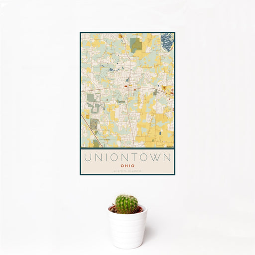 12x18 Uniontown Ohio Map Print Portrait Orientation in Woodblock Style With Small Cactus Plant in White Planter