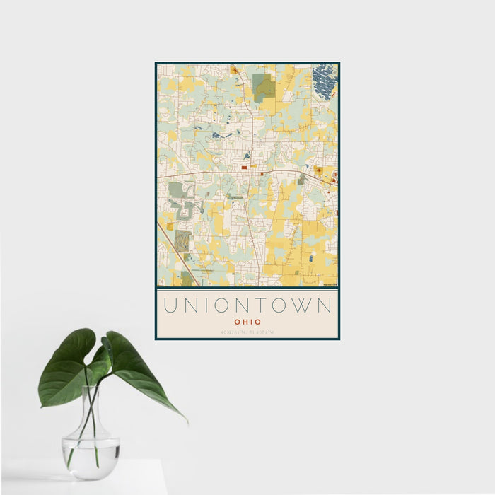 16x24 Uniontown Ohio Map Print Portrait Orientation in Woodblock Style With Tropical Plant Leaves in Water