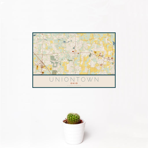 12x18 Uniontown Ohio Map Print Landscape Orientation in Woodblock Style With Small Cactus Plant in White Planter