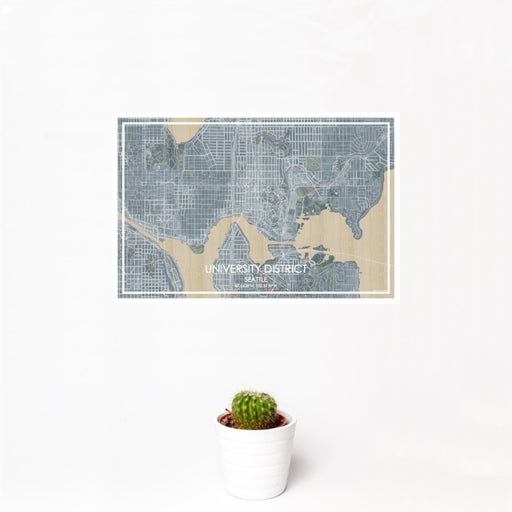 12x18 University District Seattle Map Print Landscape Orientation in Afternoon Style With Small Cactus Plant in White Planter