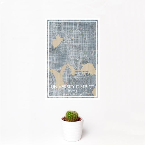 12x18 University District Seattle Map Print Portrait Orientation in Afternoon Style With Small Cactus Plant in White Planter
