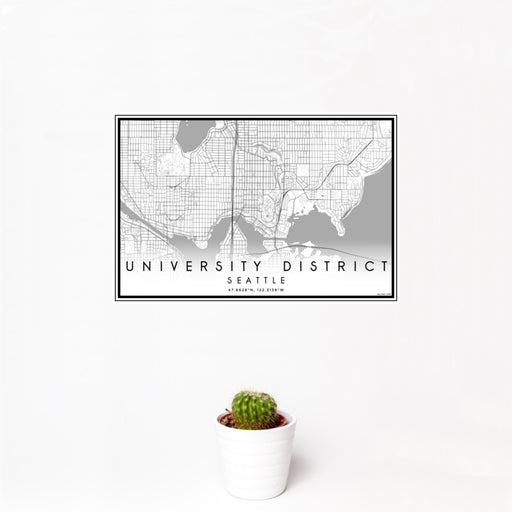 12x18 University District Seattle Map Print Landscape Orientation in Classic Style With Small Cactus Plant in White Planter
