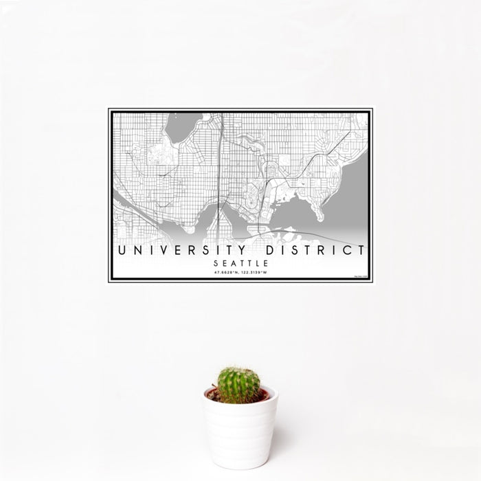 12x18 University District Seattle Map Print Landscape Orientation in Classic Style With Small Cactus Plant in White Planter