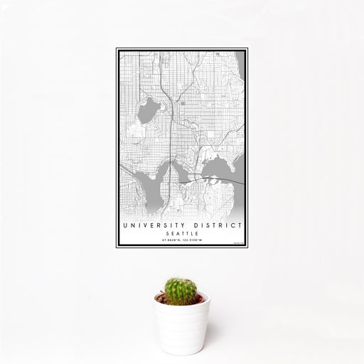 12x18 University District Seattle Map Print Portrait Orientation in Classic Style With Small Cactus Plant in White Planter