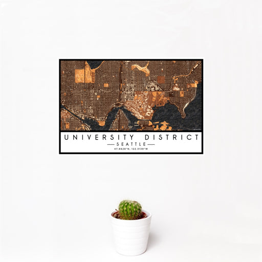 12x18 University District Seattle Map Print Landscape Orientation in Ember Style With Small Cactus Plant in White Planter
