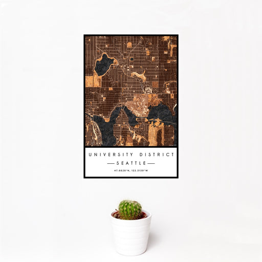 12x18 University District Seattle Map Print Portrait Orientation in Ember Style With Small Cactus Plant in White Planter