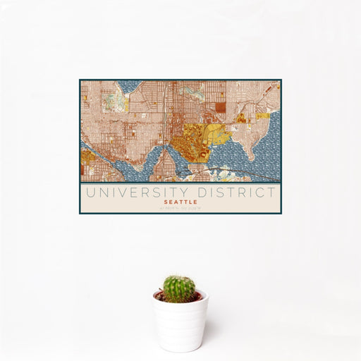 12x18 University District Seattle Map Print Landscape Orientation in Woodblock Style With Small Cactus Plant in White Planter