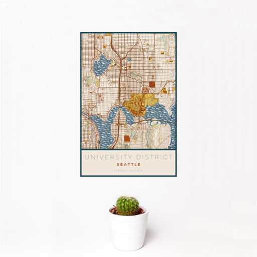 12x18 University District Seattle Map Print Portrait Orientation in Woodblock Style With Small Cactus Plant in White Planter