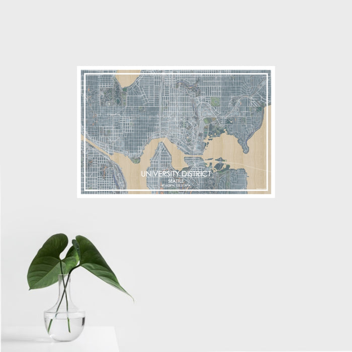 16x24 University District Seattle Map Print Landscape Orientation in Afternoon Style With Tropical Plant Leaves in Water