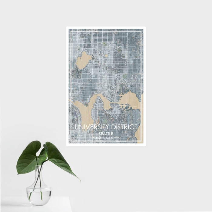16x24 University District Seattle Map Print Portrait Orientation in Afternoon Style With Tropical Plant Leaves in Water
