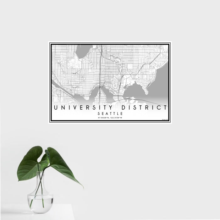 16x24 University District Seattle Map Print Landscape Orientation in Classic Style With Tropical Plant Leaves in Water
