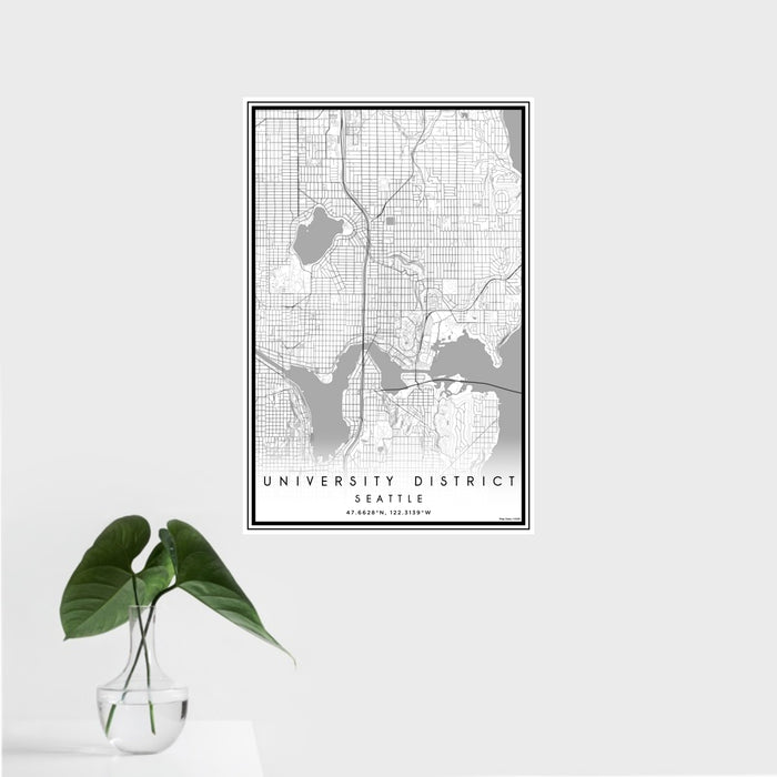 16x24 University District Seattle Map Print Portrait Orientation in Classic Style With Tropical Plant Leaves in Water