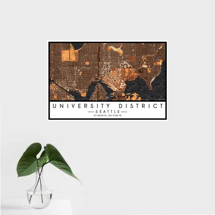 16x24 University District Seattle Map Print Landscape Orientation in Ember Style With Tropical Plant Leaves in Water