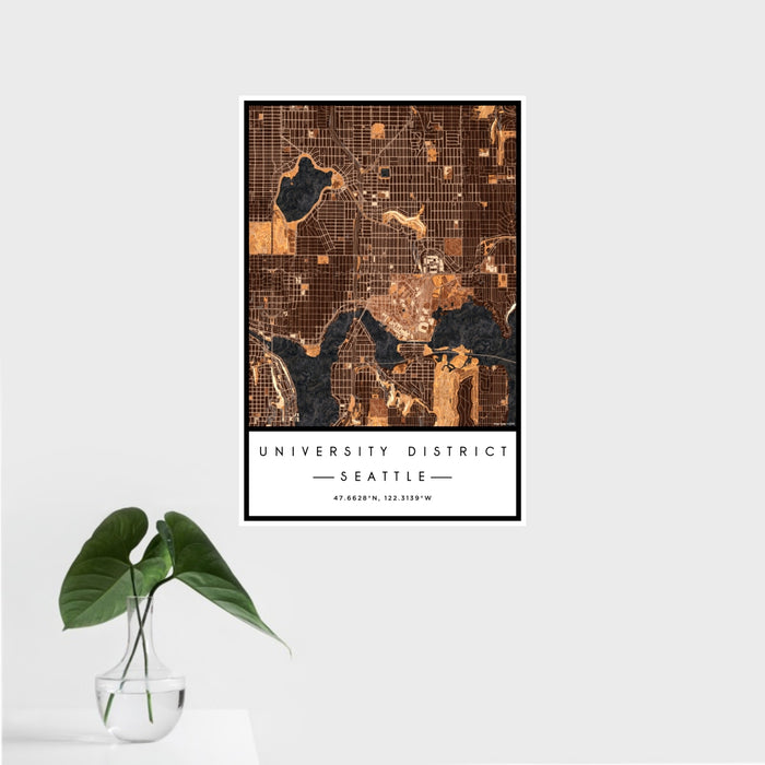 16x24 University District Seattle Map Print Portrait Orientation in Ember Style With Tropical Plant Leaves in Water