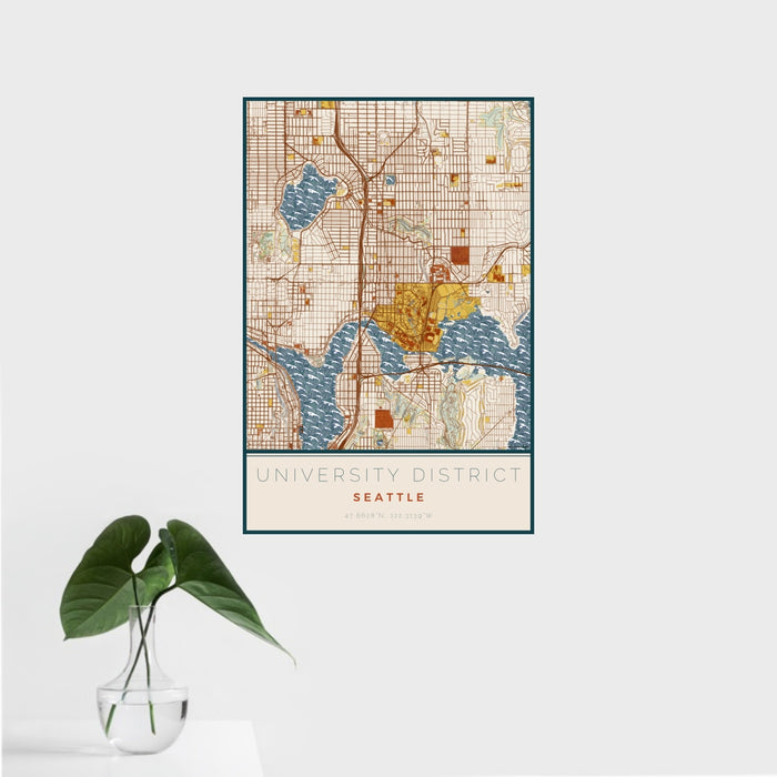 16x24 University District Seattle Map Print Portrait Orientation in Woodblock Style With Tropical Plant Leaves in Water