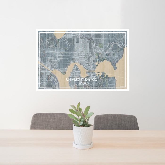 24x36 University District Seattle Map Print Lanscape Orientation in Afternoon Style Behind 2 Chairs Table and Potted Plant