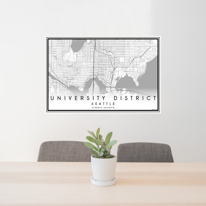24x36 University District Seattle Map Print Lanscape Orientation in Classic Style Behind 2 Chairs Table and Potted Plant