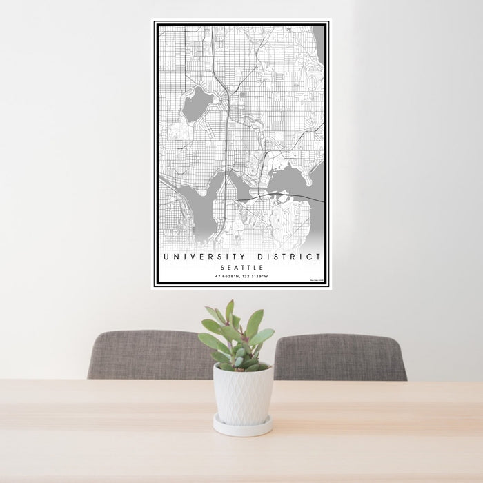 24x36 University District Seattle Map Print Portrait Orientation in Classic Style Behind 2 Chairs Table and Potted Plant