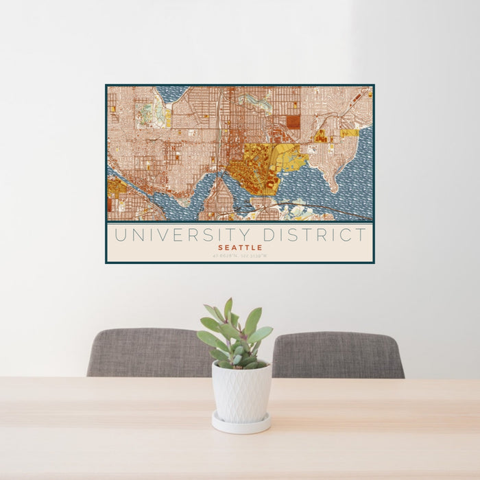 24x36 University District Seattle Map Print Lanscape Orientation in Woodblock Style Behind 2 Chairs Table and Potted Plant