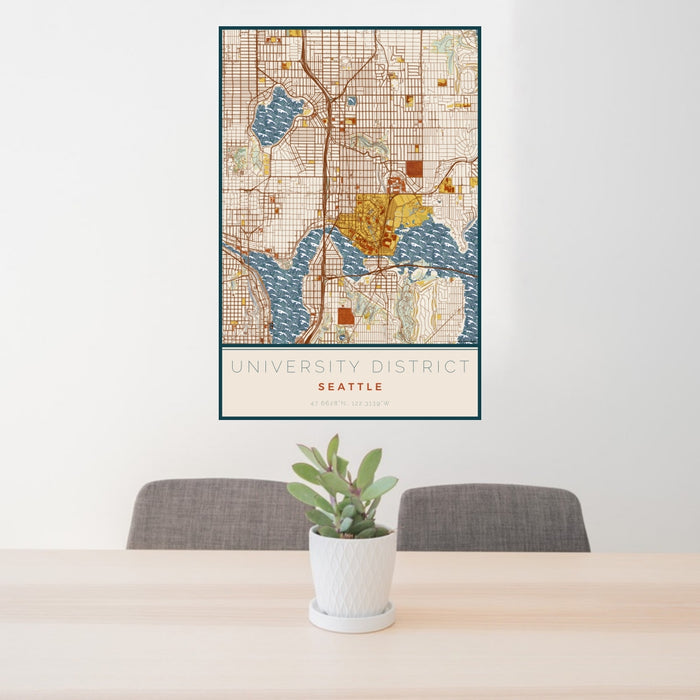 24x36 University District Seattle Map Print Portrait Orientation in Woodblock Style Behind 2 Chairs Table and Potted Plant