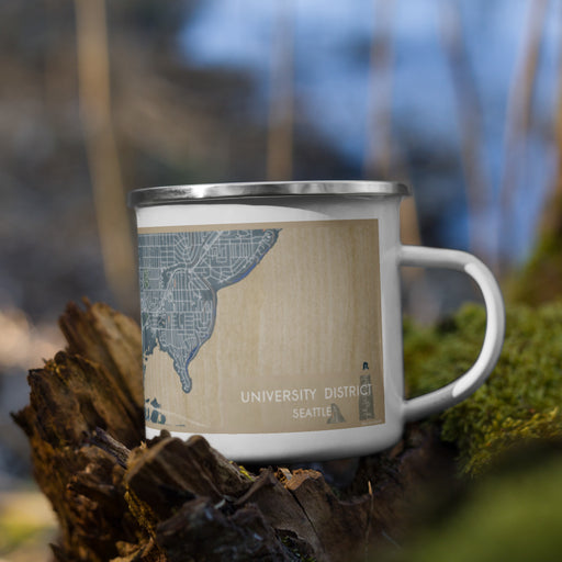 Right View Custom University District Seattle Map Enamel Mug in Afternoon on Grass With Trees in Background