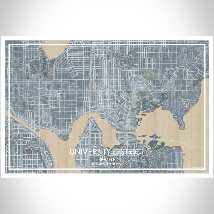University District Seattle Map Print Landscape Orientation in Afternoon Style With Shaded Background