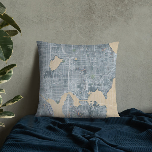 Custom University District Seattle Map Throw Pillow in Afternoon on Bedding Against Wall