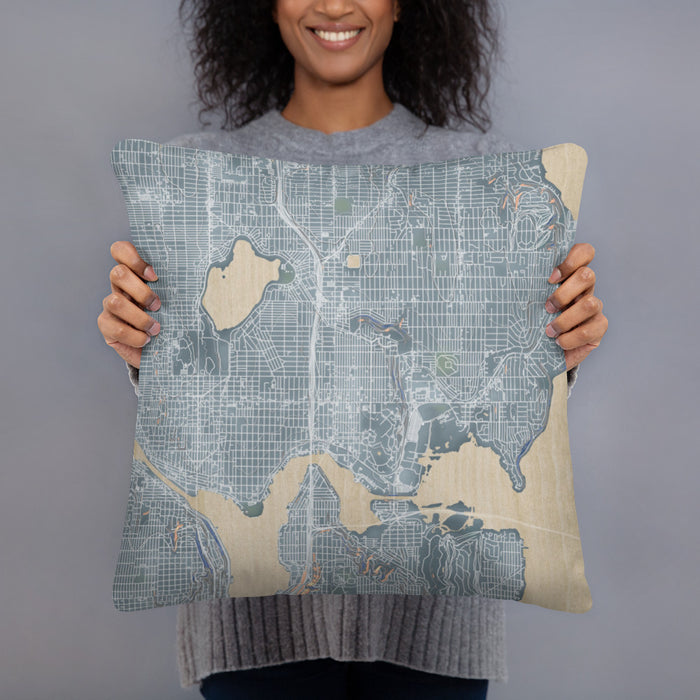 Person holding 18x18 Custom University District Seattle Map Throw Pillow in Afternoon